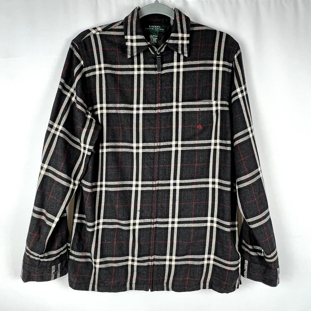 Ralph Lauren Women sz‎ M 100% Wool Full Zip Plaid Shirt/Shacket Preppy Old Money